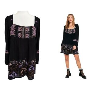 Free People Rhiannon Dress XS Black Embroidered Mini Open Back Tie Babydoll